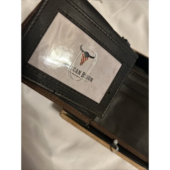 AMERICAN BISON Genuine Brown Leather Wallet Stitching Metal Logo Bifold Western - Picture 3 of 9